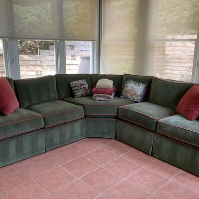 Large Green Ethan Allen Sectional Sofa with Red Piping
