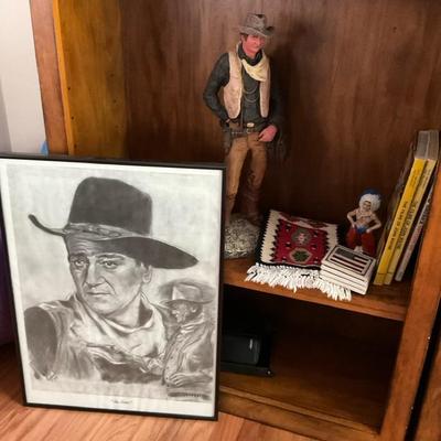 John Wayne Western Figurine, Framed Sketch, and Book Lot