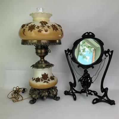 Vintage Hurricane Lamp and Art Nouveau Style Vanity Mirror