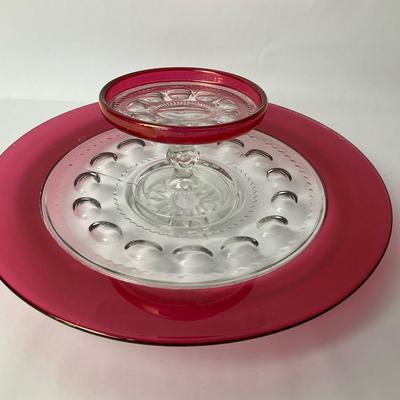 Ruby Flash Kings Crown Glass Plate and Compote