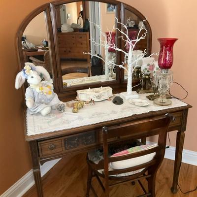 Vintage Wood Vanity with Mirror, Chair And Decor 