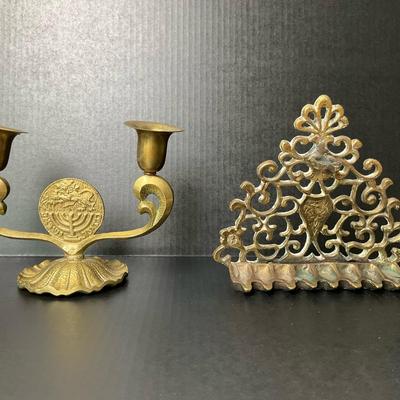 Brass Judaica Candle Holder and Hanukkah Menorah