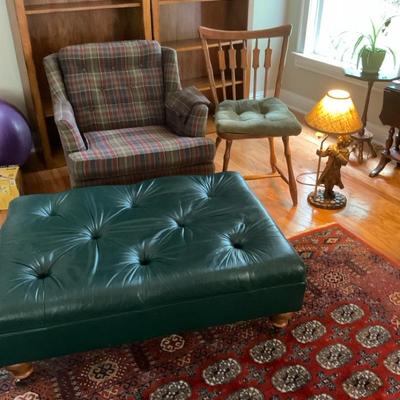 Plaid Armchair, Green Ottoman, and Carved Paul Revere Lamp