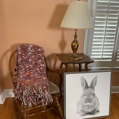 Cozy Corner Decor Bundle – Rocking Chair, Brass Lamp, Throw, and Bunny Art