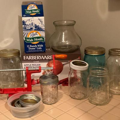 Canning Jar Lot with Apple Peeler and Accessories
