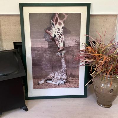 Framed Giraffe Print, Black Metal Coal Scuttle, and Floral