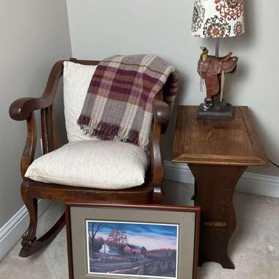 Cozy Country Corner Lot – Rocker, Throw, Table, Lamp, and Framed Print W/ COA