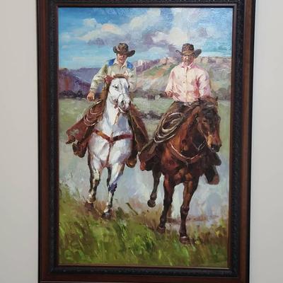 Framed Western Cowboy Oil Painting