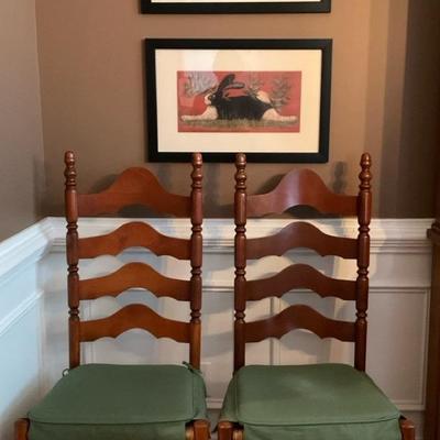 Pair of Ladder Back Wooden Chairs with Green Cushions