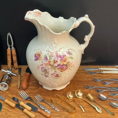 Large Floral Pitcher with Vintage Bar and Kitchen Utensil Lot