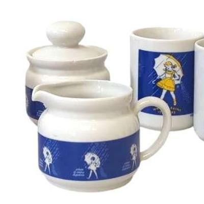Vintage Morton Salt Girl Coffee Cups with Cream and Sugar Dishes