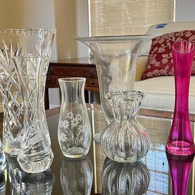 Mixed Glass Vase Lot – Crystal & Colored Art Glass Vases