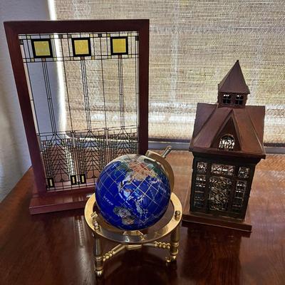 Frank Loyd Wright Stained Glass Decor, Marble Globe & Metal  House Tealight Holder
