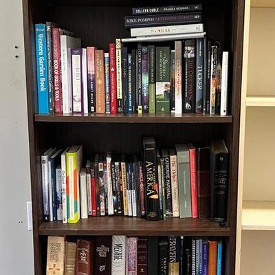 Tall Dark Wood Bookcase Fully Stocked with Assorted Books