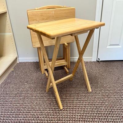 Set of 4 Natural Wood Folding TV Trays with Stand
