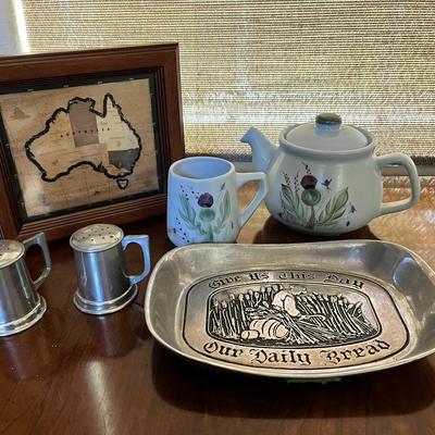 Pewter Items & Scottish Pottery Country Decor Lot – Teapot, Mug, Bread Plate & More
