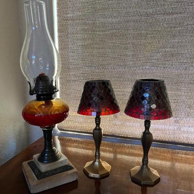 Vintage Oil Lamp & Pair of Red Mosaic Glass Accent Lamps
