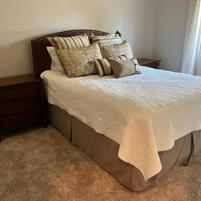 Full Size Dark Wicker Headboard & 2 Dark Wood Bamboo Style Side Tables