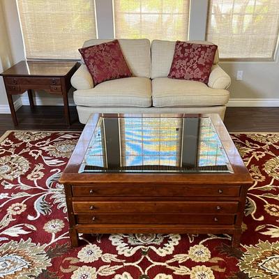 Living Room Set: Loveseat, Coffee Table, 100% Wool Rug, Side Table