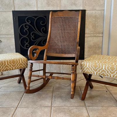 Vintage Cane Back Rocking Chair & 2 Upholstered Vanity Stools