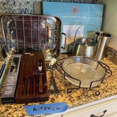 Entertaining Essentials Stainless Roasting Pan, Cutlery, Ice Bucket & Barware Lot
