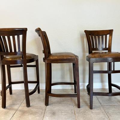 Set Of 3 38” Tall Wood & Faux Leather Barstools 