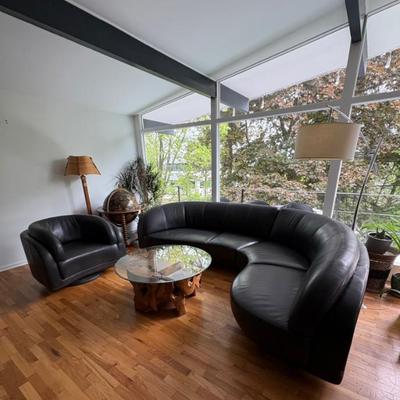 W. Schillig Deep Charcoal Grey Leather Sofa & Chair
