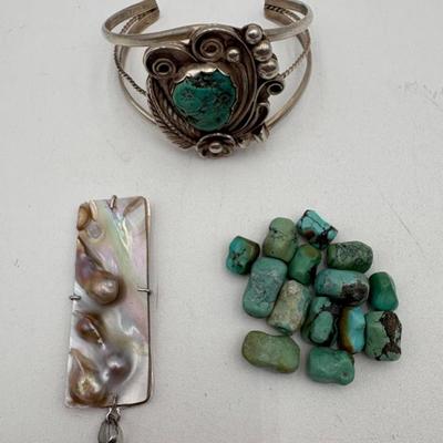 Sterling Bracelet, Mother of Pearl Pendant, & Turquoise Stones