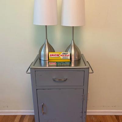Vintage Steel Doctor's Cabinet, Lamps, & Anacin Box