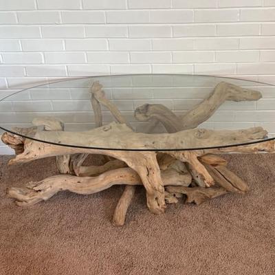 Driftwood and Glass Artsy Coffee Table	