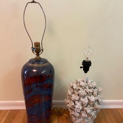 Unique Lamp Pair: White Ceramic "Coral" Lamp and Blue Abstract Glaze
