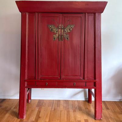 Large Red Antique Chinese Butterfly Cabinet