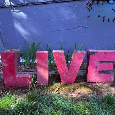 Vintage "LIVE" Steel Letters & Concrete Planter Pair