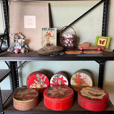 Nostalgic Holiday Tins, Vintage Doll, Boy Scout Book & Décor Lot
