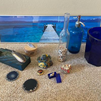 Coastal Décor Lot With Blue Glass & Pier Art