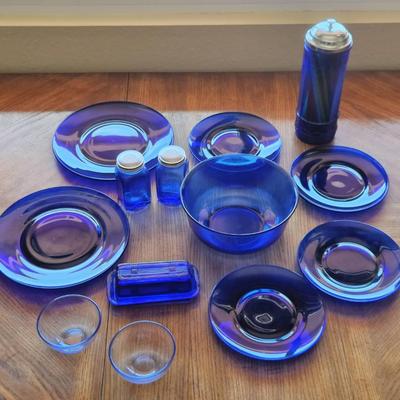 Cobalt Blue Glass Dinnerware Lot – Plates, Bowls & Shakers