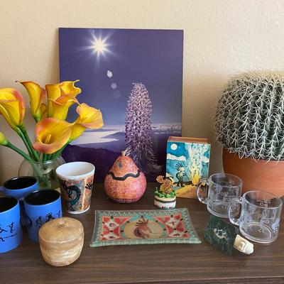 Southwestern Boho Décor Lot – Cups, Mugs, Gourd Art & Cactus