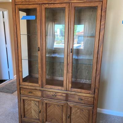 Large Glass Front Oak China Cabinet with Drawers and Storage
