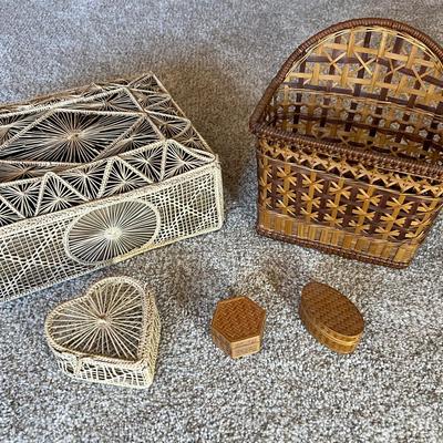 Vintage Woven Boho Basket & String Art Boxes Lot