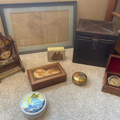 Vintage Nautical Décor Lot – Globe Bottle, Map, Compass & Keepsakes