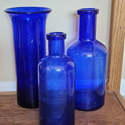 Trio of Handblown Tall Cobalt Blue Bottles & Vases – Vintage Décor