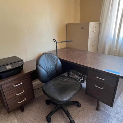 Modern L-Shaped Office Desk with Chair, Lamp & Printer