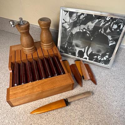 Vintage Wood Knife Block Set with Salt Pepper Grinders & Photo