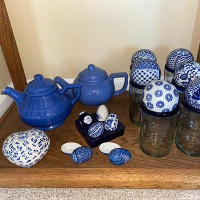 Blue & White Porcelain Teapots, Glass Tumblers & Decorative Eggs