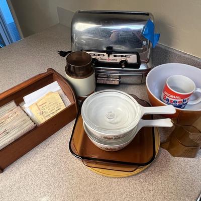 Vintage Kitchen Lot with Toaster, Pyrex, Recipe Box & More 