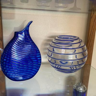 Handblown Cobalt Blue Art Glass Pitcher & Swirl Vase Pair