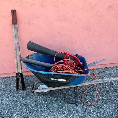Wheelbarrow with Yard Tools & Extension Cord Lot