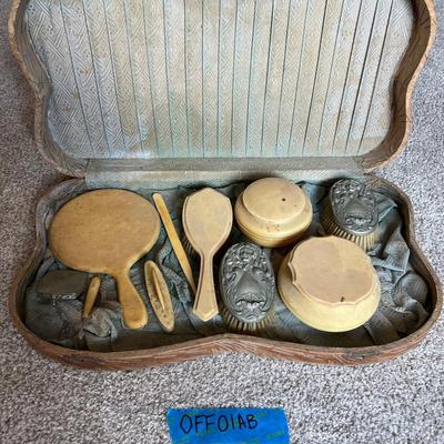 Antique French Ivory Celluloid Vanity Dresser Set in Original Case