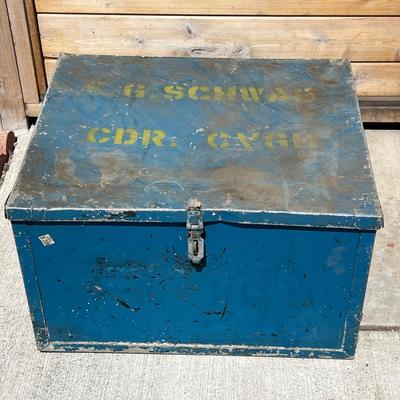 Vintage Military Stenciled Blue Metal Storage Trunk