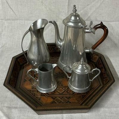 Meeuws Pewter Holland Pitcher, Sugar & Creamer, Wood Tray, & More